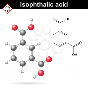 Isophthalic acid structure, isophthalate molecule, 2d and 3d illustration of molecular structure, vector, eps 8