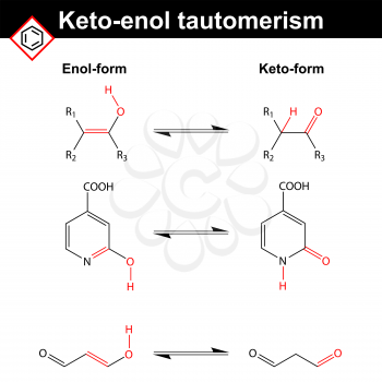 Keto-enol tautomerism reaction examples with marked variable fragments, 2d vector illustration on white background, eps 8