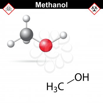 Methanol molecule - structural chemical formula and model, 2d and 3d vector illustration, isolated on white background, eps 8