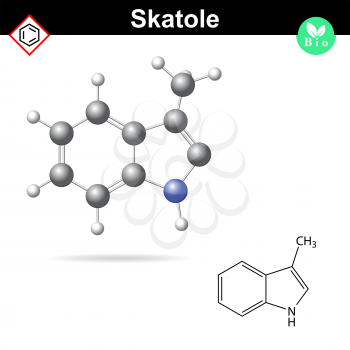 Skatole molecule, 2d and 3d illustration, vector isolated on white background, eps 8