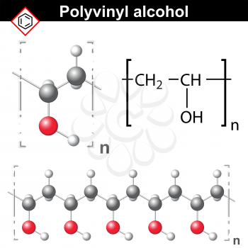 Polyvinyl alcohol polymer chemical structure, 2d and 3d illustration, vector on white background, eps 8