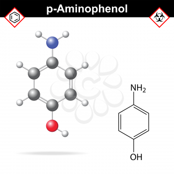 Para aminophenol chemical structure and model, 2d and 3d vector illustration, eps 8