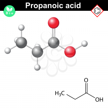 Propanoic acid molecule, 2d and 3d illustration of molecular structure, vector on white background, eps 8