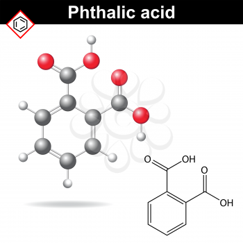 Phthalic acid molecule, 2d and 3d illustration of molecular structure, vector of chemical model, eps 8