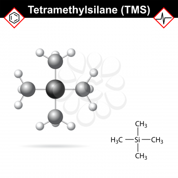 Tetramethylsilane - TMS structure, internal standard for proton magnetic resonance analysis, 2d and 3d illustration, vector, eps 8