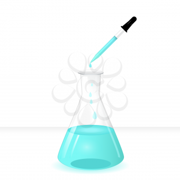 Conical flask with pipette on lab table, 3d realistic vector illustration, white background, eps 10