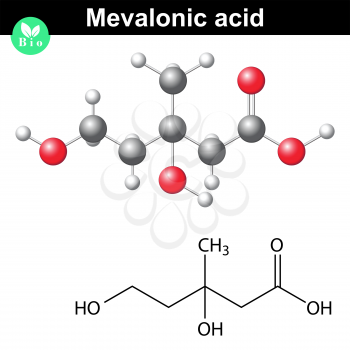 Mevalonic acid molecule - chemical model and molecular formula, 3d lab illustration, vector, eps 8