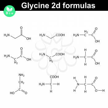 Glycine 2d chemical formulas drawn in different styles, vector molecular structure, eps 8