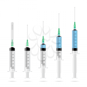 Empty medical syringes and syringes with drug solution in a row, 3d vector illustration, isolated on white, eps 10