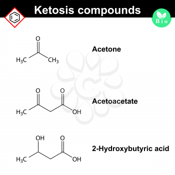 Ketone bodies - biological marker of diabetic disease, 2d vector chemical formulas, isolated on white background, eps 8