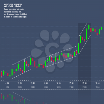 Stock market graph of growth trend, price increase concept, 2d vector candlestick chart on dark background, eps 10