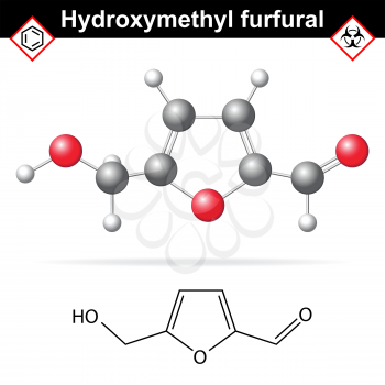 Hydroxymethylfurfural chemical structure and model, 2d and 3d vector illustration on white background, eps 8