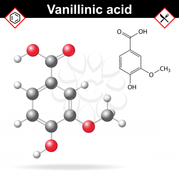Vanillic acid molecule flavoring agent, chemical formula and molecular structure, 2d and 3d vector illustration, isolated on white background, eps 8