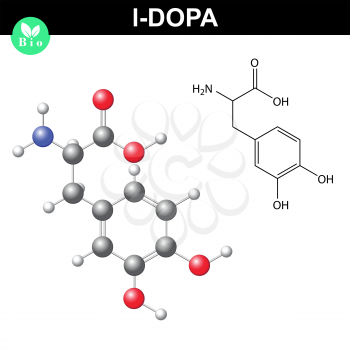 L-dopa neurotransmitter precursor chemical structure, 2d and 3d vector illustration of  molecular structure and chemical model, isolated on white background, eps 8