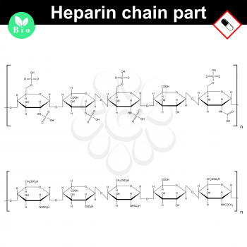 Heparin - natural blood anticoagulant polysaccharide, molecular structure of bio polymer, 2d chemical vector illustration, isolated on white background, eps 8