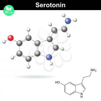 Serotonin molecular structure, 3d vector illustration, isolated on white background, eps 8