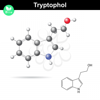 Tryptophol 3d model and chemical structure, 3d vector illustration, isolated on white background, eps 8
