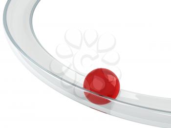 Abstract illustration with red ball rolling down on the helix tray made of transparent glass isolated on white background