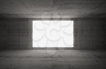 Empty white screen glows in dark abstract concrete room interior