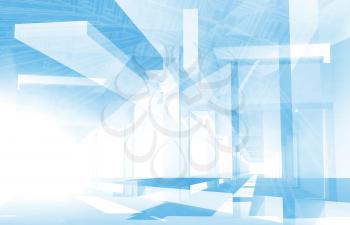 Abstract architecture 3d background with blue constructions and drawings, Engineering concept