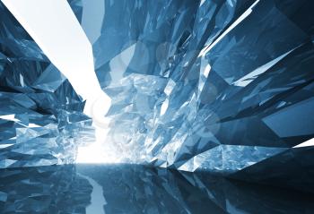 Abstract 3d background. Bent crystal corridor with rugged walls and glowing end