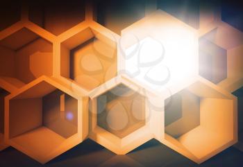 Abstract yellow honeycomb structure background with light