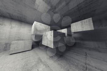 Abstract concrete 3d interior with big flying cubes