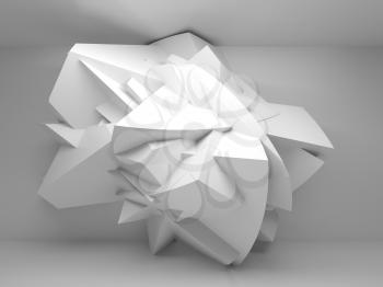 Abstract 3d background with white big chaotic shaped object in empty room interior