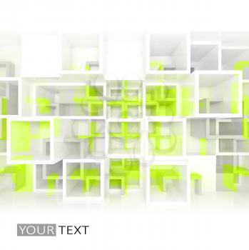 Abstract 3d design background with white and yellow green chaotic cells structure on the wall