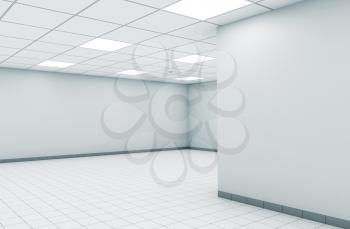 Abstract empty office room interior with white walls, square ceiling lights and floor tiling, 3d illustration