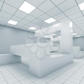 Abstract monochrome empty office interior with chaotic geometric construction, 3d illustration