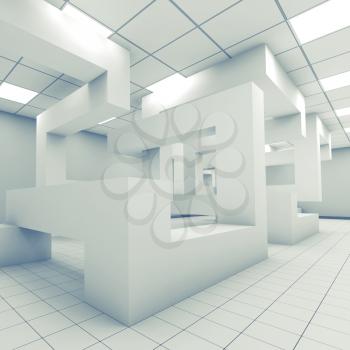 Abstract empty office room interior with chaotic geometric construction, blue toned 3d render illustration