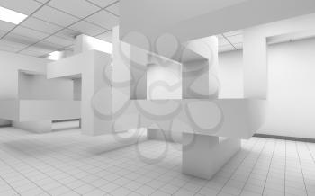 Abstract white office room interior with chaotic geometric construction, 3d render illustration
