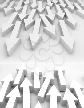 Abstract 3d illustration with large groups of white arrows going towards each other
