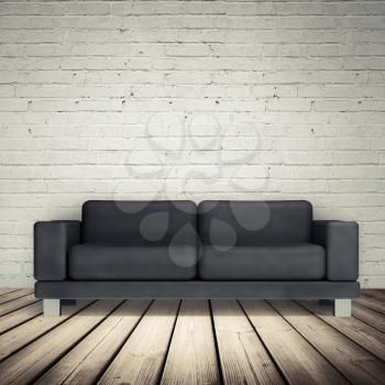 Abstract white interior with wooden floor, brick wall and black leather sofa, 3d illustration