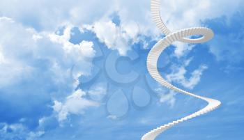 White spiral stairs goes up in blue cloudy sky