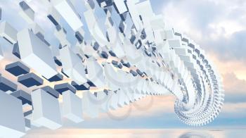 3d abstract background illustration with spatial helix made of boxes above coastal cloudy background