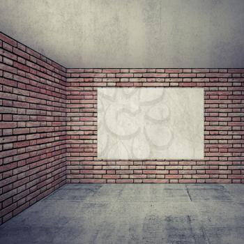 Empty room interior with red brick walls and empty white poster. 3d background with perspective effect