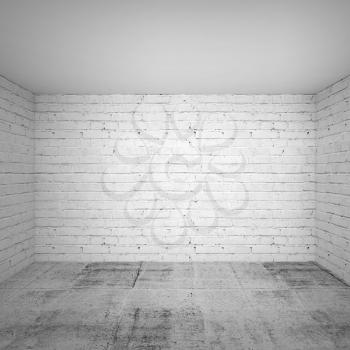 Empty white room interior with brick walls and concrete floor. Square 3d background