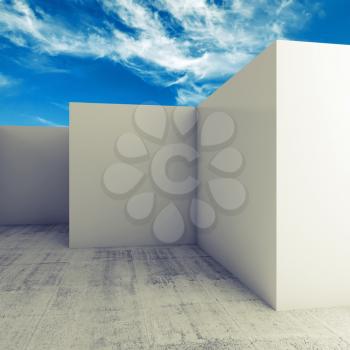 Abstract 3d background, empty white room interior under cloudy blue sky