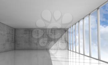 Abstract architecture background, empty interior with concrete walls and cloudy sky in windows, 3d illustration