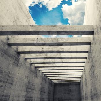 Abstract architecture background, empty interior with concrete walls, beams and cloudy sky outside. Square composed 3d illustration with retro toned filter