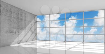 Abstract architecture, empty concrete interior with bright windows in modern frames, 3d illustration with blue sky background