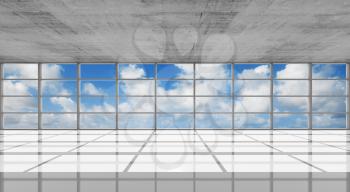 Abstract architecture, empty concrete interior with bright windows in modern frames, 3d illustration, front view with blue sky background