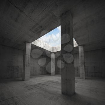 Abstract architecture 3d illustration, dark concrete room interior with columns and empty window opening in ceiling, bright blue sky outside