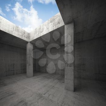 Abstract architecture, dark concrete room interior with columns and empty window opening in ceiling, 3d illustration, bright blue sky outside