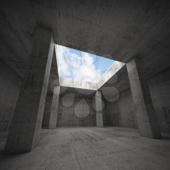 Abstract architecture, dark concrete room interior with columns and empty window opening in ceiling, 3d illustration, blue sky outside