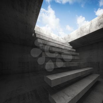 Flying stairway to heaven, abstract empty dark concrete 3d illustration interior background