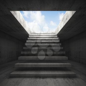 Stairway to heaven, abstract empty dark concrete 3d illustration interior background, front view