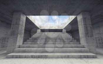 Abstract empty dark concrete interior background with columns and the stairway going up to the sky,  3d render illustration